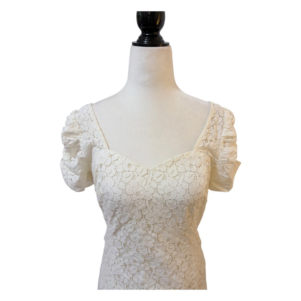 Guess Los Angeles Floral Ivory Lace Mini Dress Size 6 Puff Sleeve Deep V - Picture 3 of 10